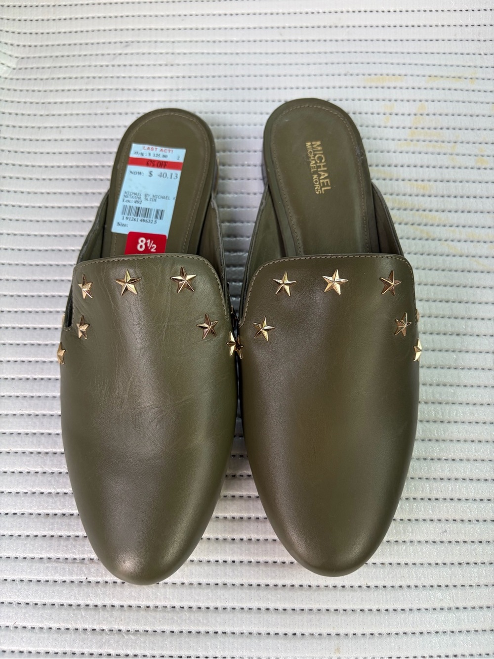 Michael Kors Olive Star-Stud Leather Slip-On Mules